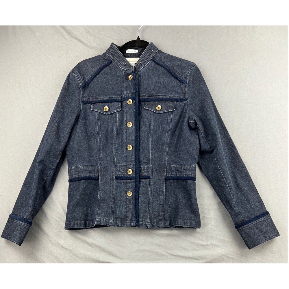 Jones New York Sport Denim Jacket Womens M Dark Wash Velvet Trim Stretch Blue